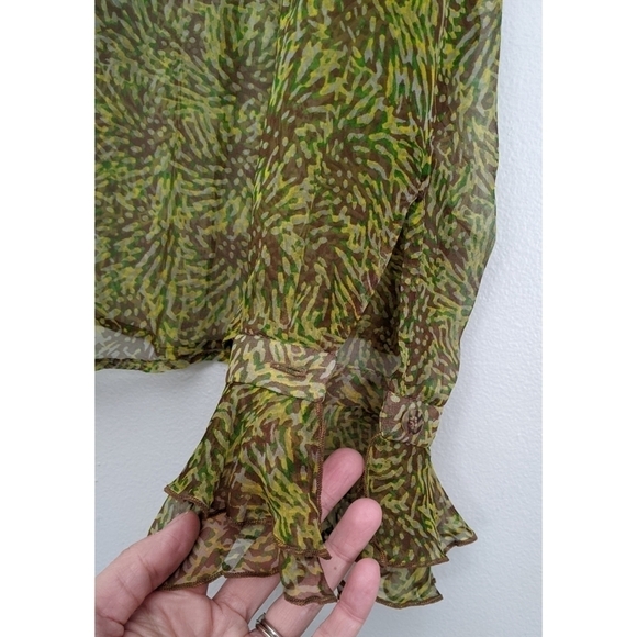 Louis Feraud Vintage Green Yellow Ruffle Front Blouse - Picture 5 of 6